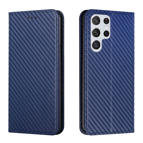 Samsung Galaxy S23 Ultra 5G Carbon Fiber Texture Magnetic Flip Leather Phone Case - Blue